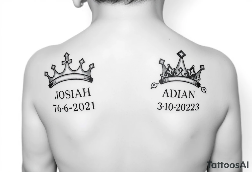 2 year old boy with new bown baby with little princess crowns with the names JOSIAH 7-6-2021 in roman numerals & the your boy with the name ADIAN IN SIDE CROWN 3-10-2023 IN roman numerals tattoo idea