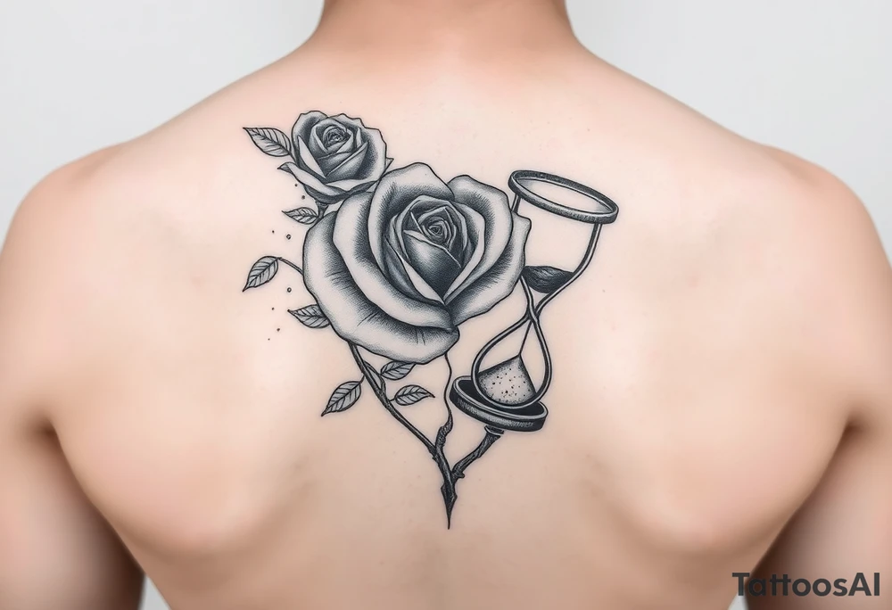 Arose in the shape of a heart with pieces of the Rose blowing away in the wind and the other half an hourglass with the sand out of time black and white feminine realistic tattoo idea
