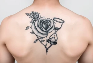 Arose in the shape of a heart with pieces of the Rose blowing away in the wind and the other half an hourglass with the sand out of time black and white feminine realistic tattoo idea