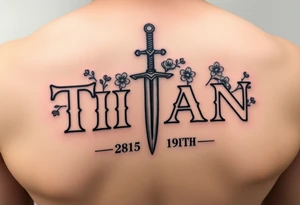 Name ‘Titan’ with birthday, Greek mythology inspired font with mini swords the T in Titan is a sword with cherry blossoms flowers in the background add color tattoo idea