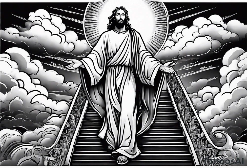 Jesus standing on a flight of stairs with clouds, sunshine and a dove in the background tattoo idea