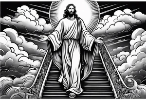 Jesus standing on a flight of stairs with clouds, sunshine and a dove in the background tattoo idea