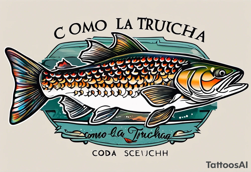 A small tattoo with a shaded trout and text that says, 'Como la trucha...' drawn with fine lines." tattoo idea