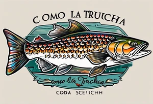 A small tattoo with a shaded trout and text that says, 'Como la trucha...' drawn with fine lines." tattoo idea