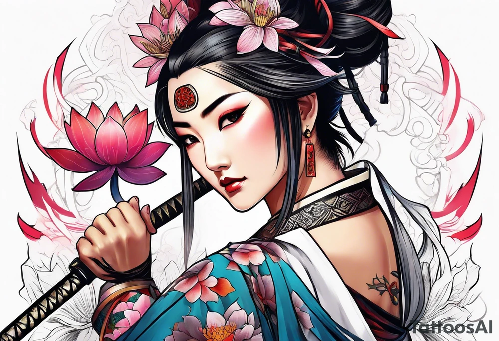 Japanese woman samurai swords lotus flowers neotribal tattoo idea