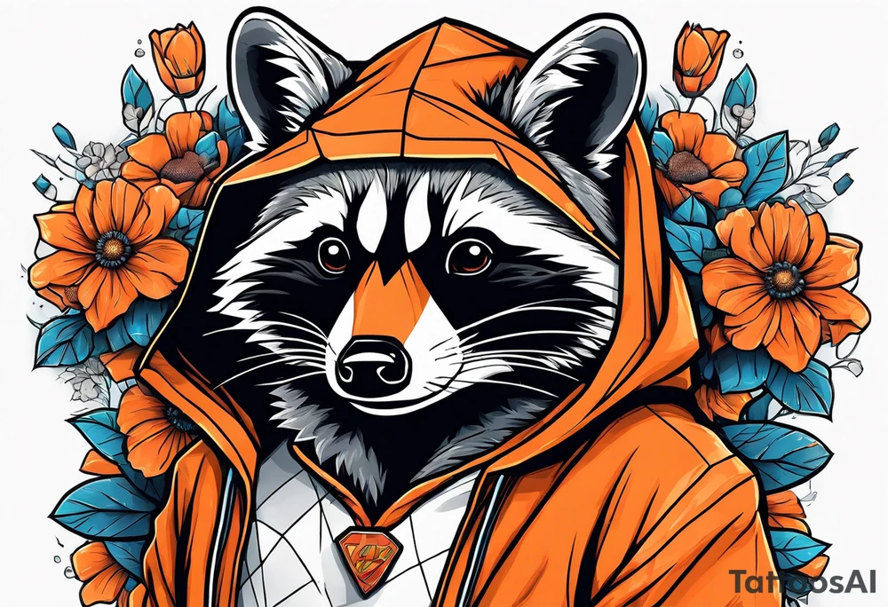 raccoon wearing a Superman hoodie with orange flowers tattoo idea