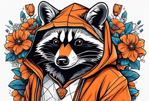 raccoon wearing a Superman hoodie with orange flowers tattoo idea