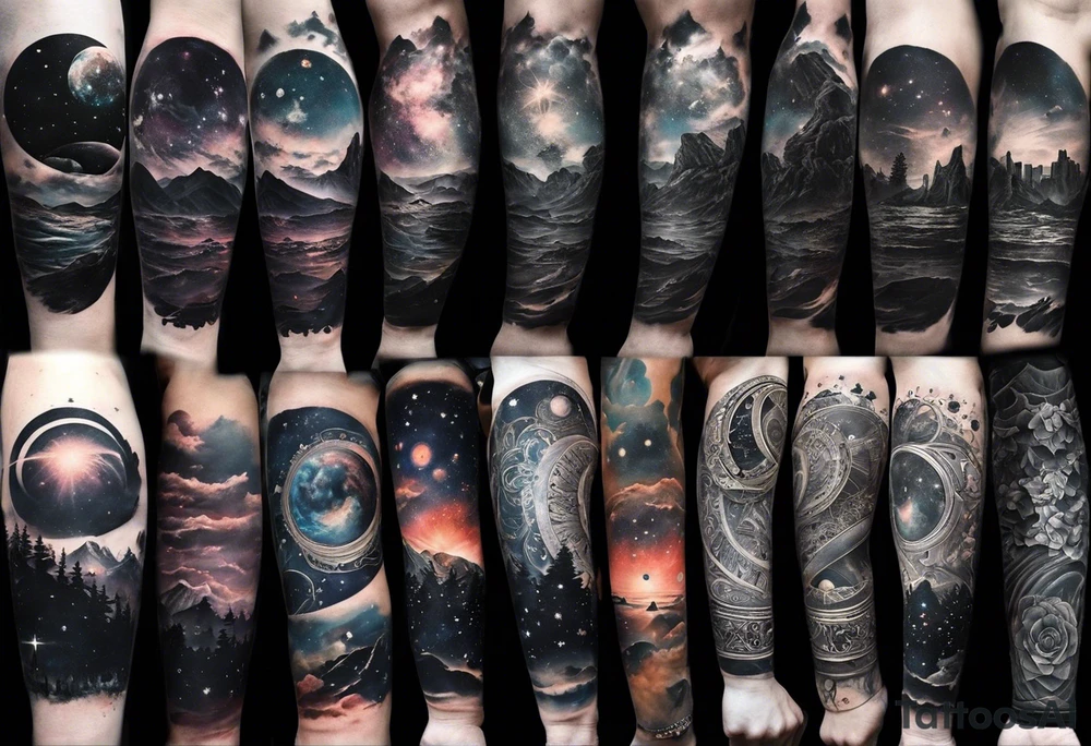 I have multiple tattos but i am getting a sleeve done on my arm.
I want the sleeve to be only about time space continuum, purpose, desire and ambition linked to it. I want the concept to me about how miniscual we are in this universe but how we feel big and lose perspective and a sense of purpose. I also want Shiva to be added to the tattoo as shiva is considered the destroyer which scientifically goes back to big bang. SO create a tattoo for me in geometric design for my whole right arm tattoo idea