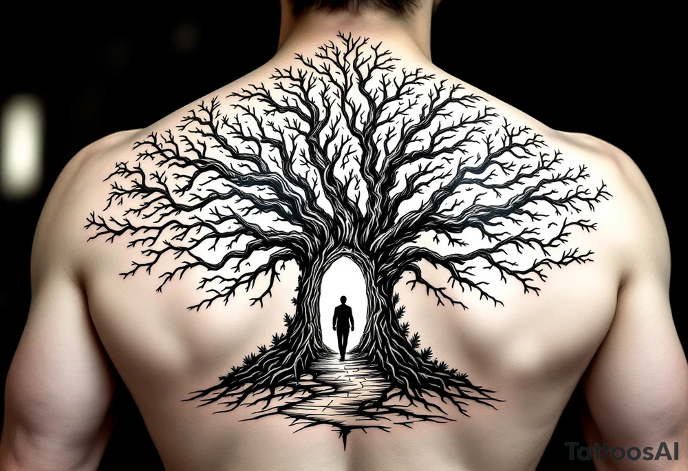 Back tattoo of a big tree with a door and a man walking through the door. On the left draw some fire clouds connecting to the tree, make it a lot. On the right side draw some lines on a treasure map connecting to the tree. Keep the tree in the middle! tattoo idea