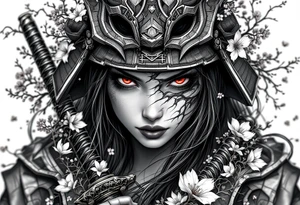 Woman samurai with red eyes wearing an half and broken kitsune mask like an hat, holding 
two katana and Sakura flowers ornement
Tatoo is for upper arm tattoo idea