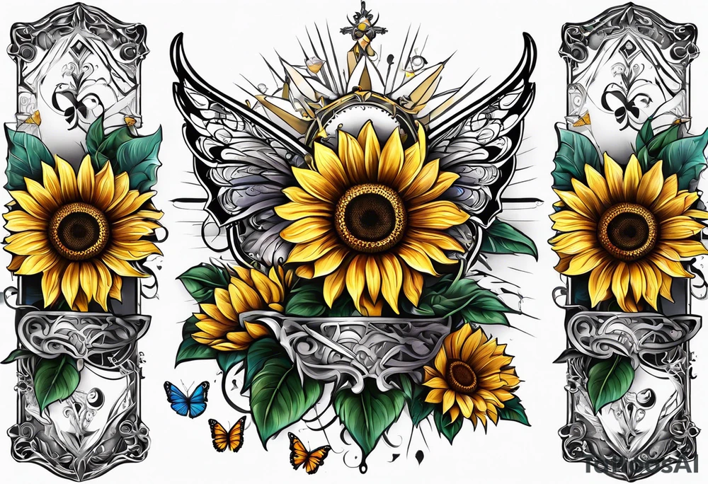 Arm sleeve with Winged cross with sunflower and butterflies tattoo idea