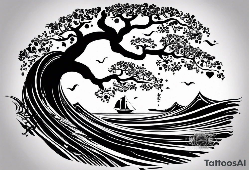 an abstract Tree of Life tattoo. It should have roots growing out of the bottom. The roots slowly turn into water from the Great Wave by Hokusai. A golf flag should be placed discreetly growing out of the ground. 2 license plate tags should be hanging from the tree. Place a few music notes in the areas the leaves should be. The letters A U should be engraving into the tree trunk in a heart. Not inside a circle. The overall shape of the tattoo should be organic. Black and white only. tattoo idea