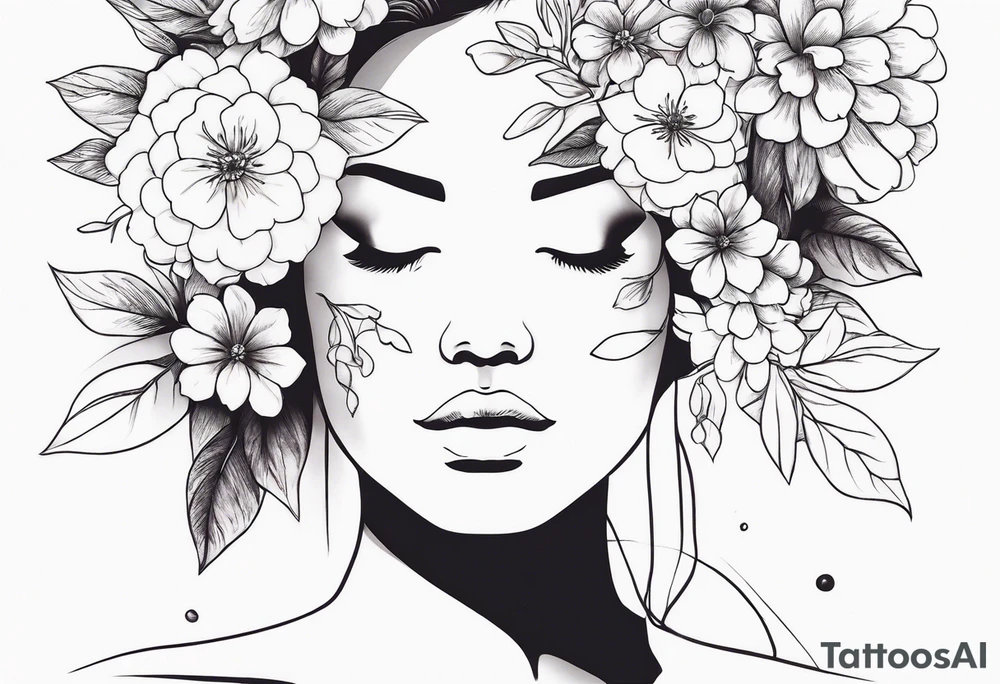 fine line tattoo with woman facing forward flowers covering her eyes and forehead with flowers growing out of her head tattoo idea