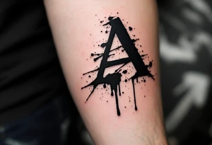 dripping ink "A" in matte black with bold smudges below. tattoo idea