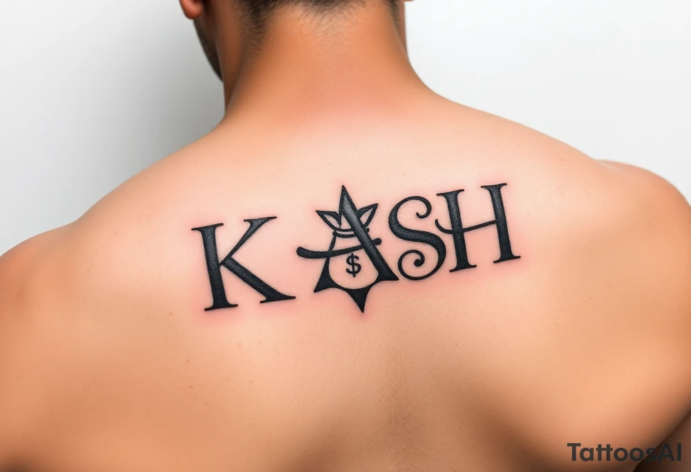 Give me a vertical forearm tattoo. I want it to be the acronym “KASH”. I want the K to say Keep, then under the K put an A, under the A put an S that says steady, and then under the S put an H that says hustle. Add small details like ink clouds and moneybags. tattoo idea