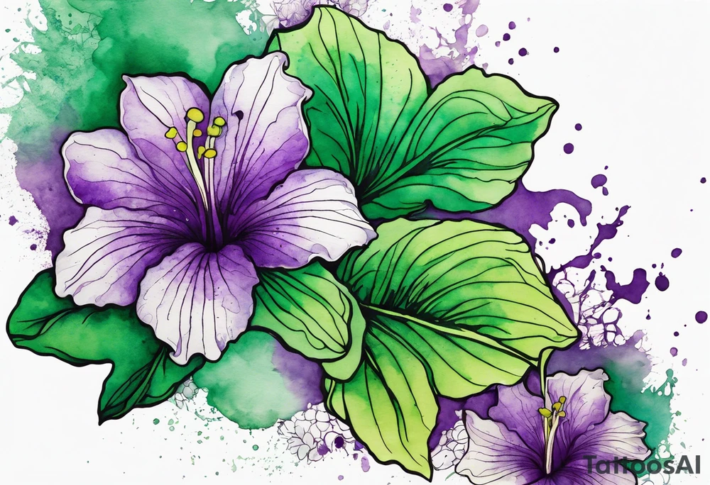 An outline of a green rio dipladenia flower and a purple watercolor splash in the background tattoo idea