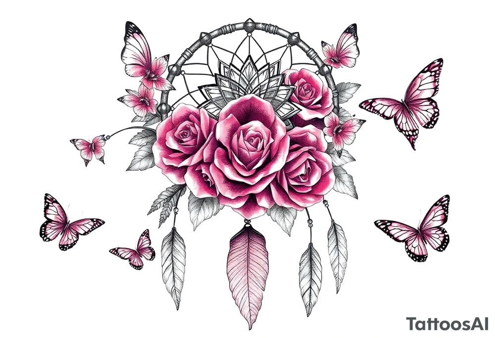 Dreamcatcher roses and butterflies tattoo idea