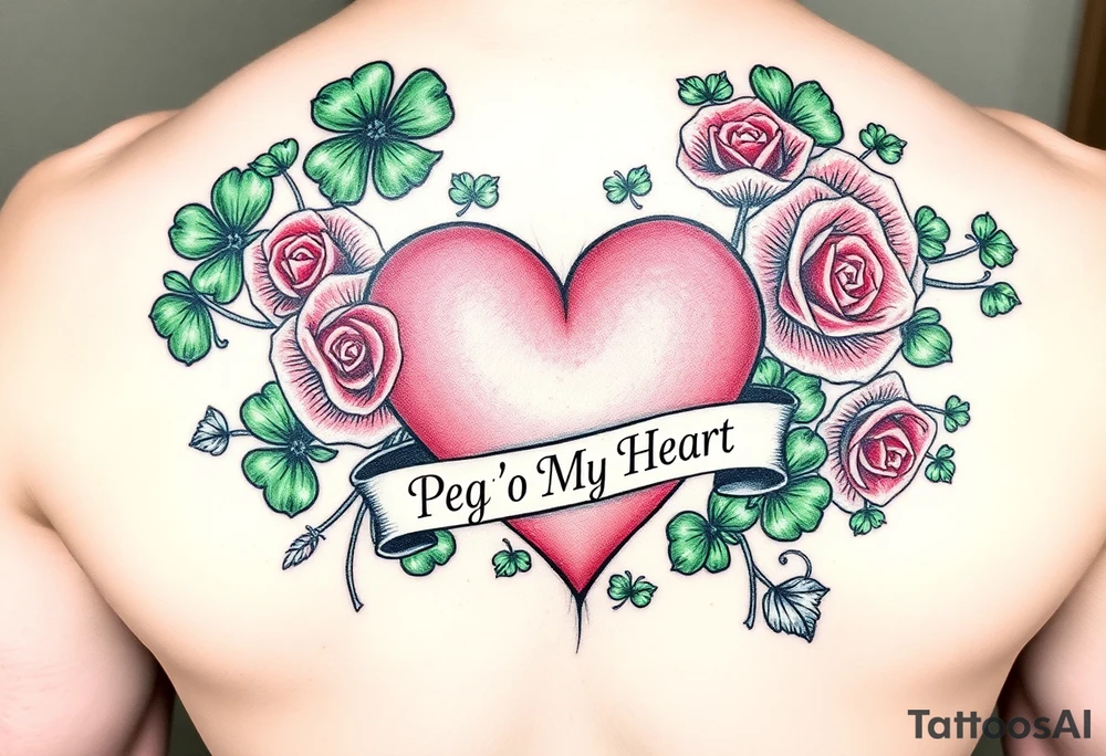 A lot of green shamrocks & a few red roses with a big Pink heart and a banner across the heart that says " Peg 'o My Heart" tattoo idea