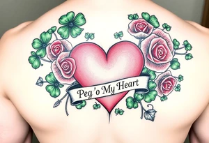A lot of green shamrocks & a few red roses with a big Pink heart and a banner across the heart that says " Peg 'o My Heart" tattoo idea