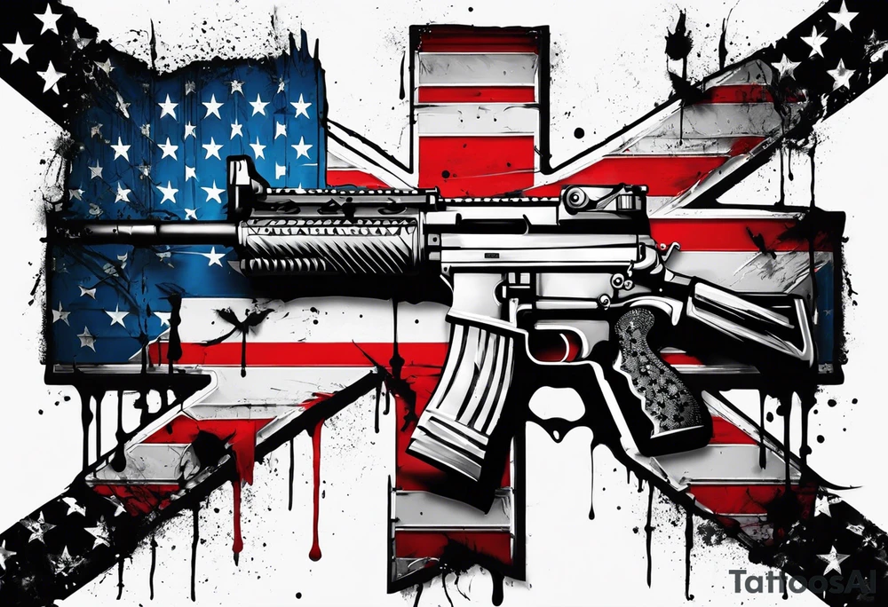 Distressed American flag behind a cross with 2 guns leaned on it simpler tattoo idea