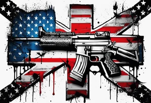 Distressed American flag behind a cross with 2 guns leaned on it simpler tattoo idea