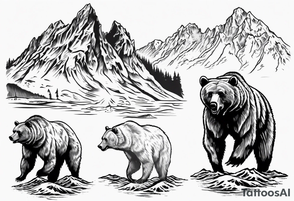 A growling grizzly bear standing on hind legs and inside the bear a realistic depiction of the triglav mountain in slovenia and under the sea pounding the mountain. All inside the bear tattoo idea