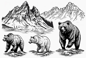 A growling grizzly bear standing on hind legs and inside the bear a realistic depiction of the triglav mountain in slovenia and under the sea pounding the mountain. All inside the bear tattoo idea