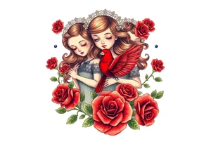 Vintage dollies, red roses, lace, red bird, vintage, wrap around, tighter together, no space open tattoo idea