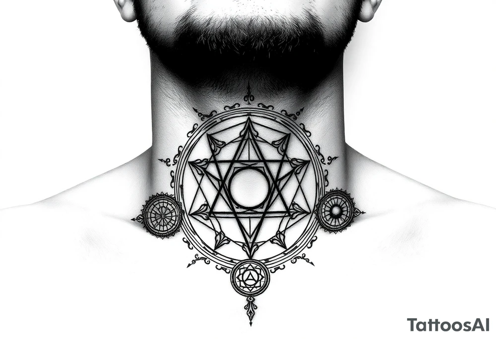 wide sacred geometry throat tattoo with several symbols combined tattoo idea