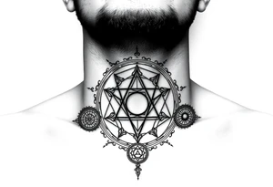 wide sacred geometry throat tattoo with several symbols combined tattoo idea