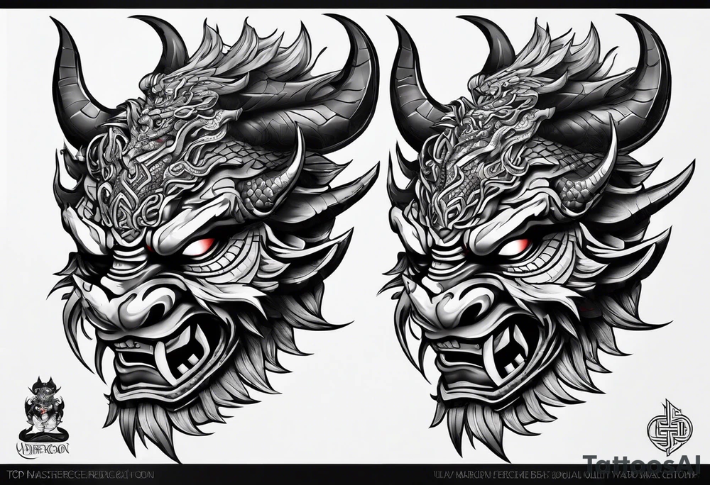 oni mask wrapped in a dragon above a full body side profile Celtic warrior tattoo idea