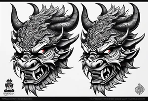 oni mask wrapped in a dragon above a full body side profile Celtic warrior tattoo idea