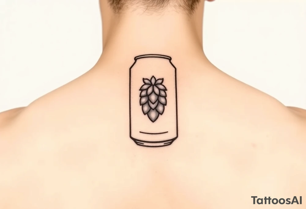 A minimalist black and gold beer can design, with vintage typography and a hop emblem, capturing a sleek and modern aesthetic tattoo idea