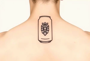 A minimalist black and gold beer can design, with vintage typography and a hop emblem, capturing a sleek and modern aesthetic tattoo idea
