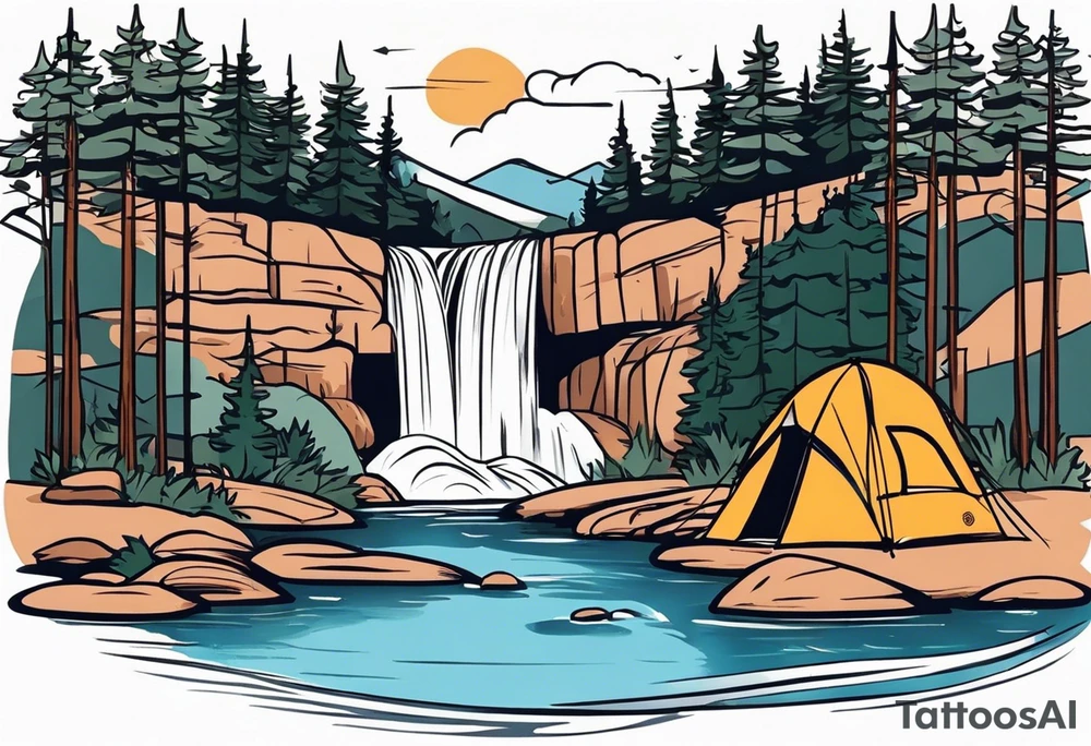 waterfall going into a river with a camp site in Australia tattoo idea