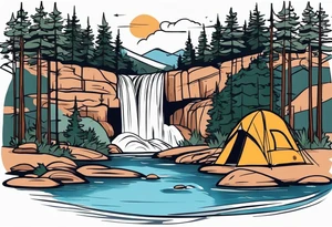 waterfall going into a river with a camp site in Australia tattoo idea