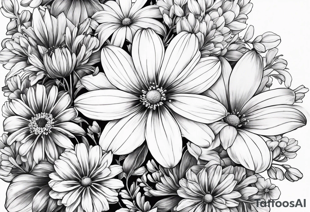 Honeysuckle, daisys, cosmos,and snowdrop sleeve tattoo idea