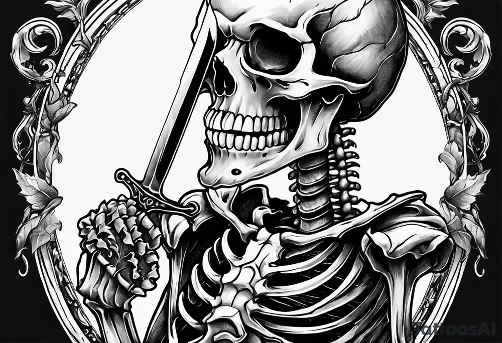 depressed skeleton holding his heart out in his hand with a knife through it tattoo idea