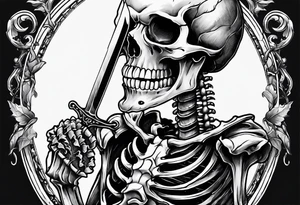 depressed skeleton holding his heart out in his hand with a knife through it tattoo idea