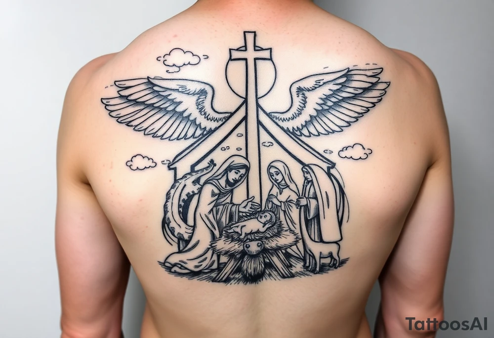 HALF SLEEVE forearm IDEA:
clouds
angel with wings portrait 
cross
The Nativity: The birth of Jesus in a manger, surrounded by Mary, Joseph, shepherds, and animals. It symbolizes hope and the beginning of Christ's life on Earth. tattoo idea