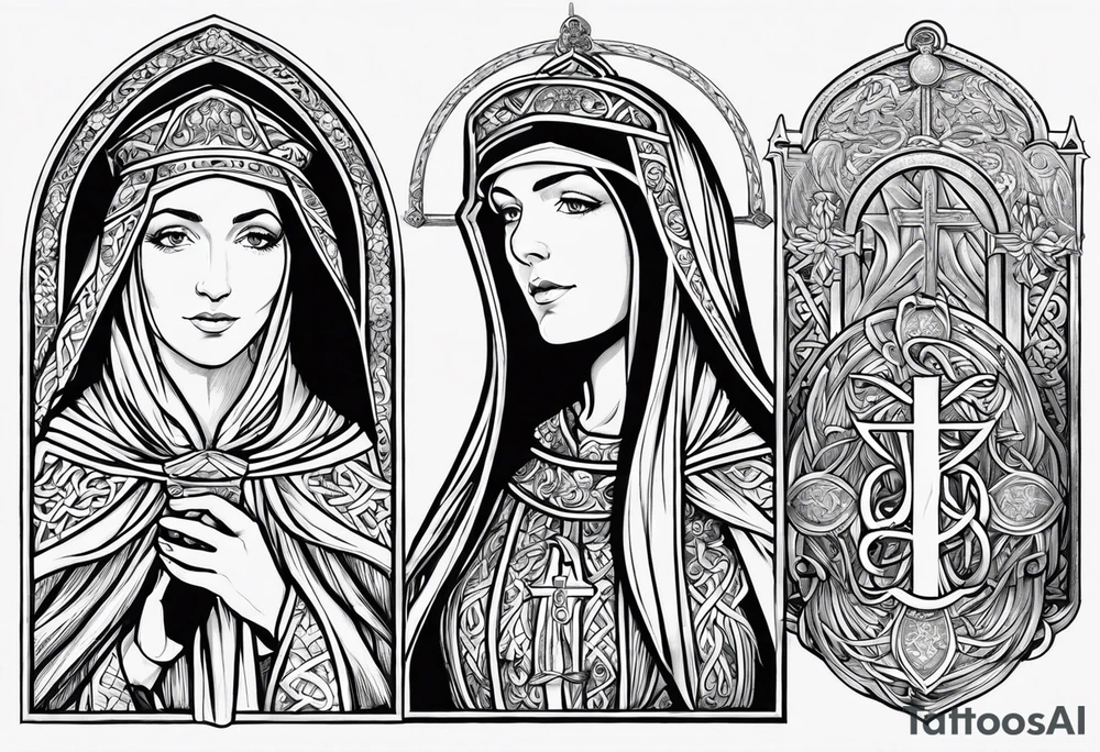 A full back piece themed on the surname mcbride and the irish saint bridget. It should not have her actual face in it. It should take inspiration from artwork of saint bridget holding fire in her hands. It should have the text Vincit Pericula Virtus on it tattoo idea