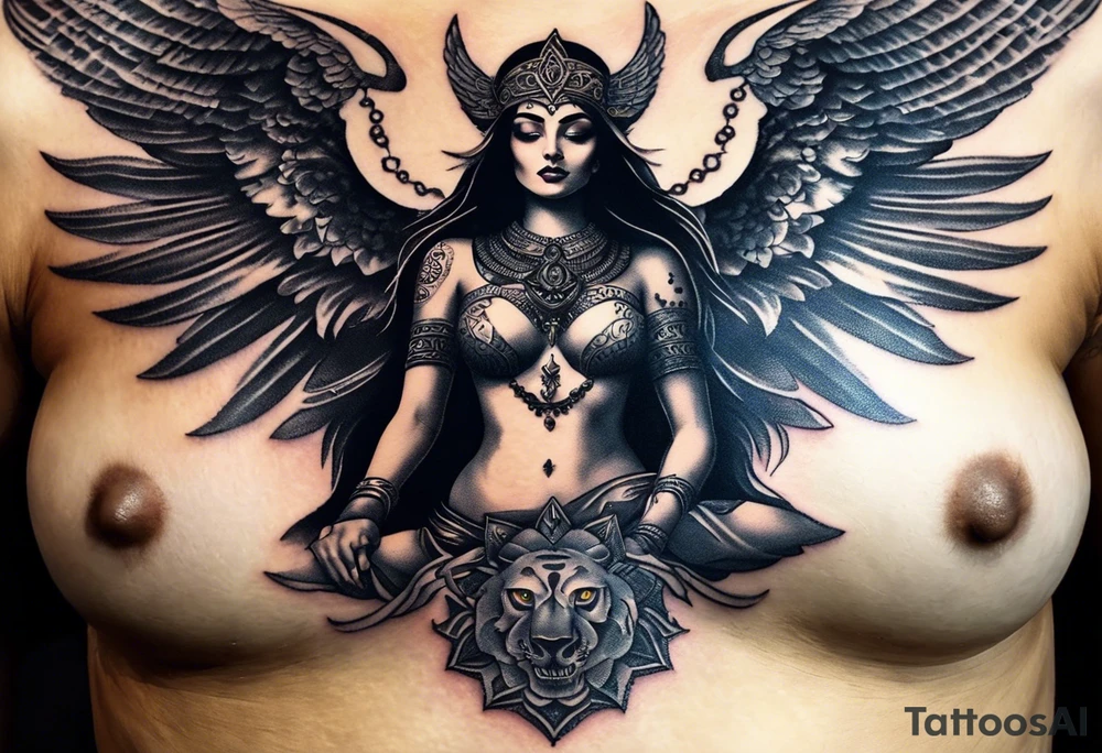 black kali, goddess pirate, alien, angel, pachamama, valkrye, warrior, flying, skull, lotus azul, wing, eagle, zenza resonance, stars, 5D, anahata chakra, death, durga, riding on a tiger, flying lady, chest tatoo tattoo idea