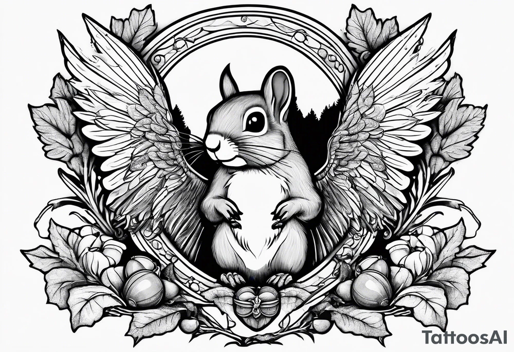 Squirrel with angel wings holding an acorn tattoo idea