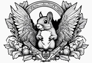 Squirrel with angel wings holding an acorn tattoo idea