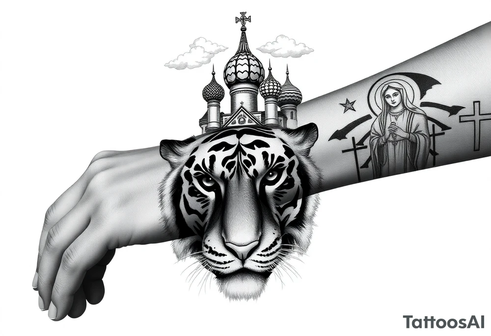 Realistic tiger face on the back of the hand with strong contrast and fine detail with its eyes completely black. with a highly detailed Russian Orthodox cathedral sitting above on fore arm with onion domes and orthodox crosses, done in fine line, engraving-like style. Cohesive composition, black ink only, no color, high contrast, slightly aged, documentary-style, plain light background. with clouds above and a virgin mary 
spanning from my hand to lower fore arm tattoo idea