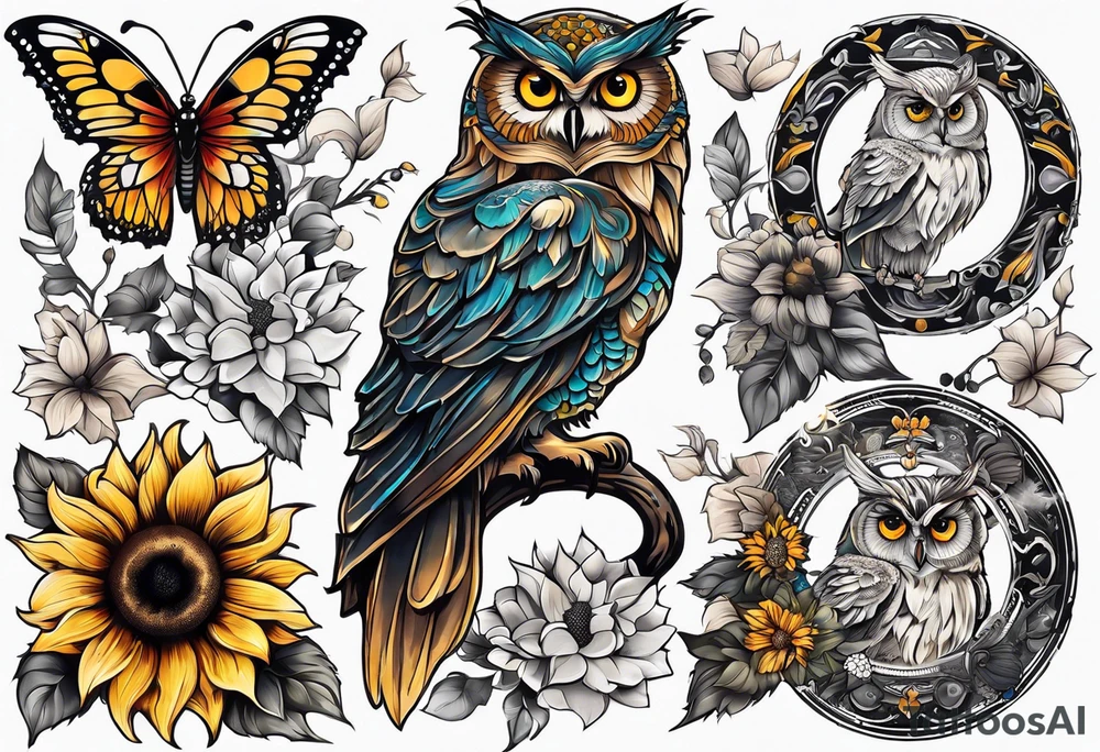 Sleeve with a owl sunflower and butterfly tattoo idea