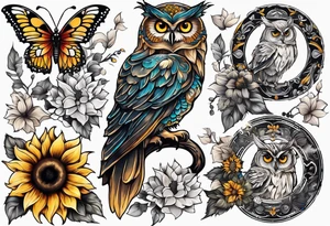 Sleeve with a owl sunflower and butterfly tattoo idea