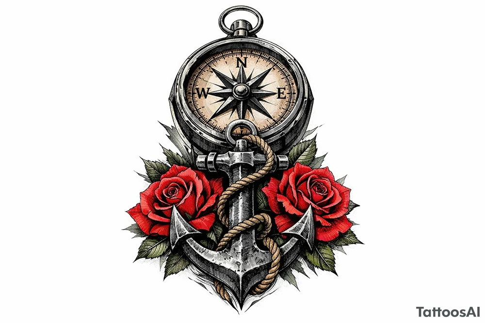 a compass under it an anchor and roses. tattoo idea