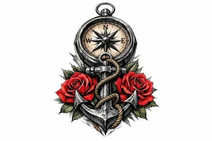 a compass under it an anchor and roses. tattoo idea