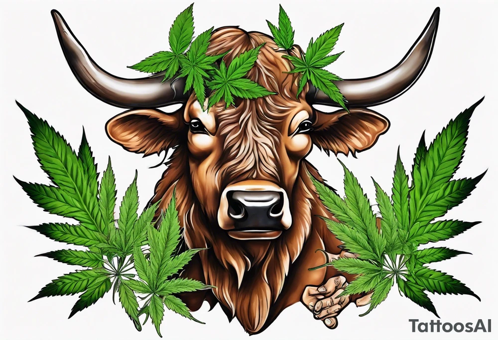 Taureau avec cannabis et qui bois whisky tattoo idea